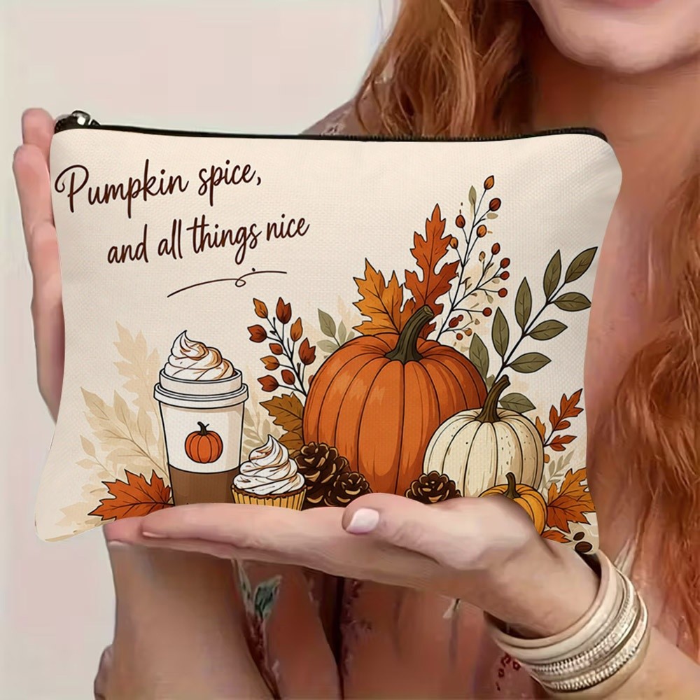 TEMU Cosmetic Bag 1pc, Pumpkin Spice Autumn Theme, Stylish Travel Toiletry Bag, Featuring Fun Double-sided Printed Patterns, Zipper Closure, And