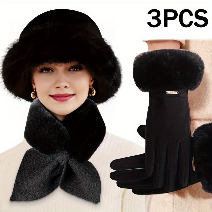 

3pcs Winter Accessory Set For Women - Polyester Fiber, Fleece Lined, Includes Gloves, Scarf, And Hat, Ideal For Cold Weather & Outdoor Activities, Perfect Christmas Or Valentine's Gift