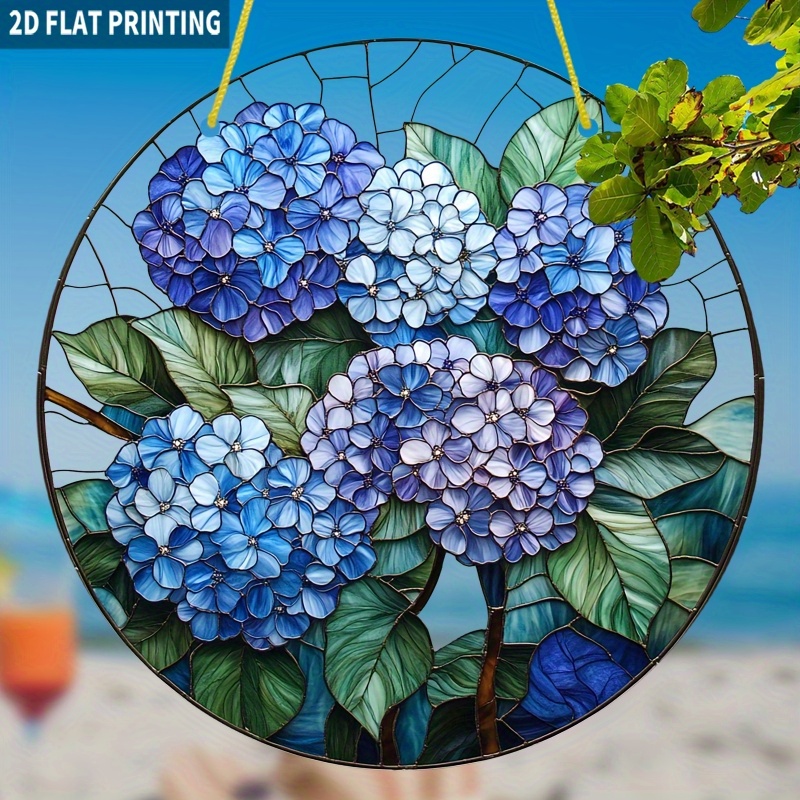 TEMU 2d Flat Surface - 2d Flat Piece - 2d Flat Hydrangea Sun Catcher, Size 7.87x 7.87 Inches, Made Of Round Acrylic, Featuring A Stained Glass Window