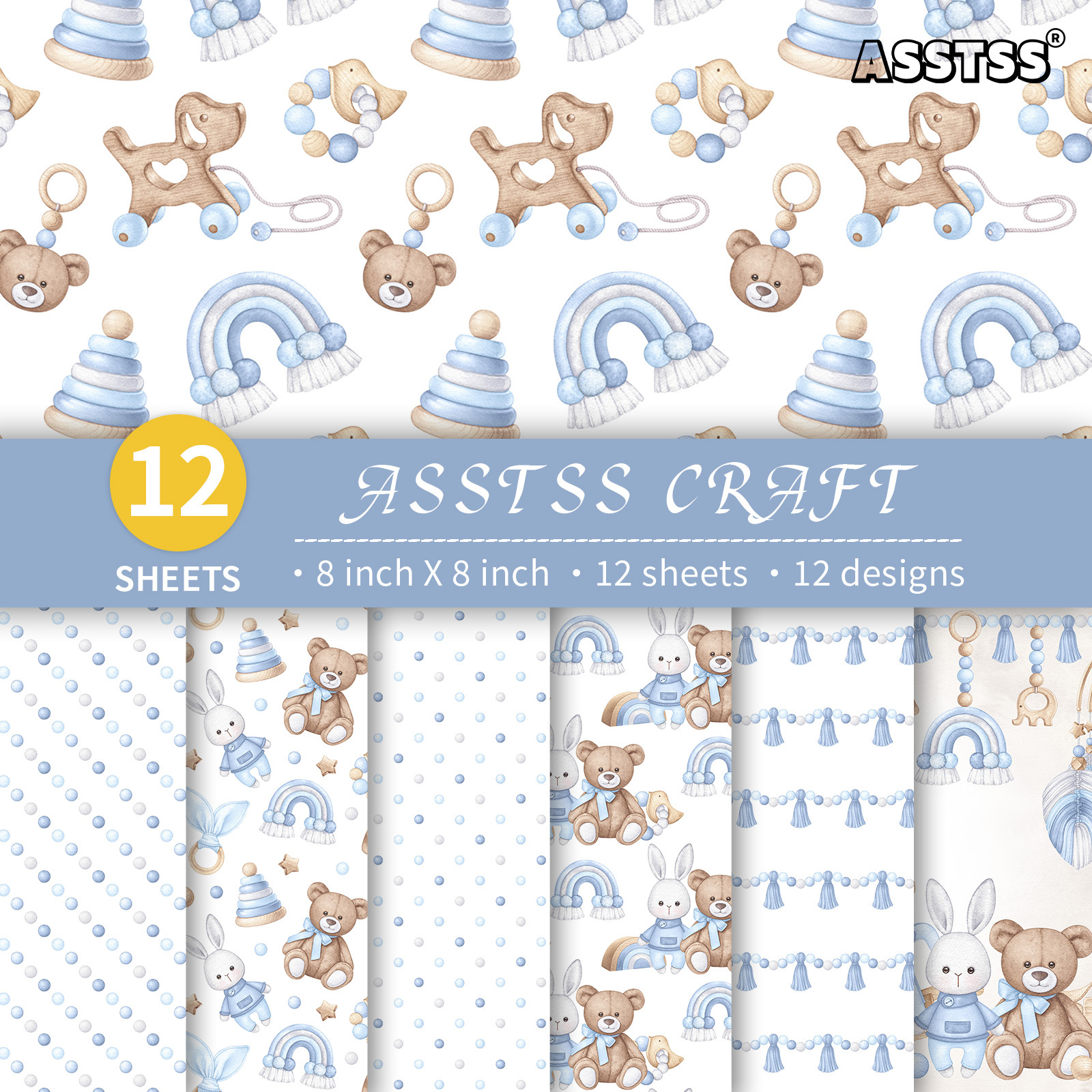 TEMU Bloc de papier scrapbooking ASSTSS de 12 feuilles 8 X 8 pouces, papier de base bleuté shower fantaisiste, papier cartonné épais pour journaling,