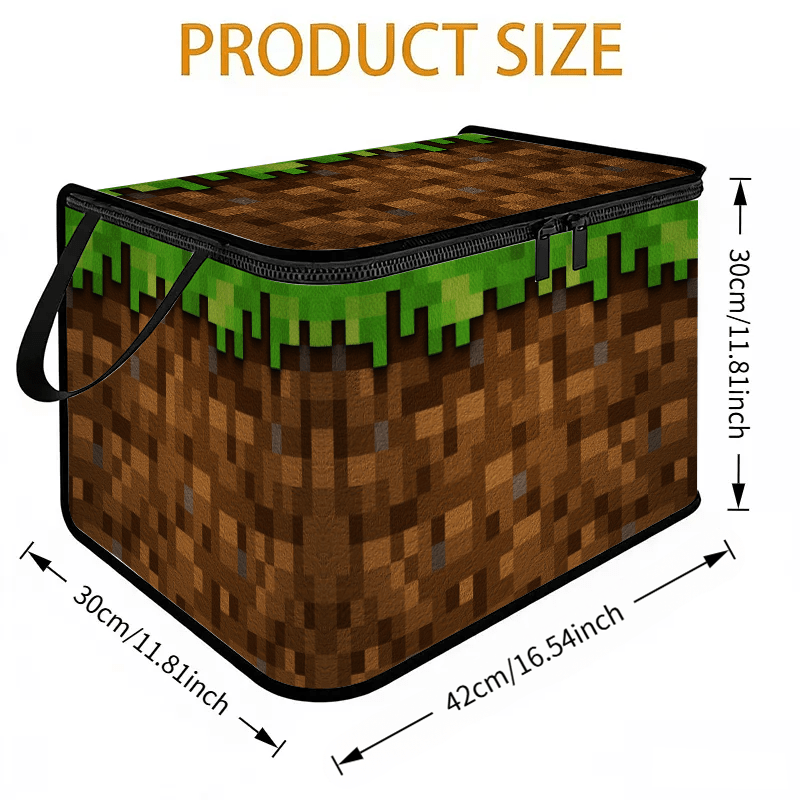 TEMU Boîte de rangement pliable améliorée avec couvercle pour impression 2D, présentant un design de gazon et de terre en style pixel. Idéale pour
