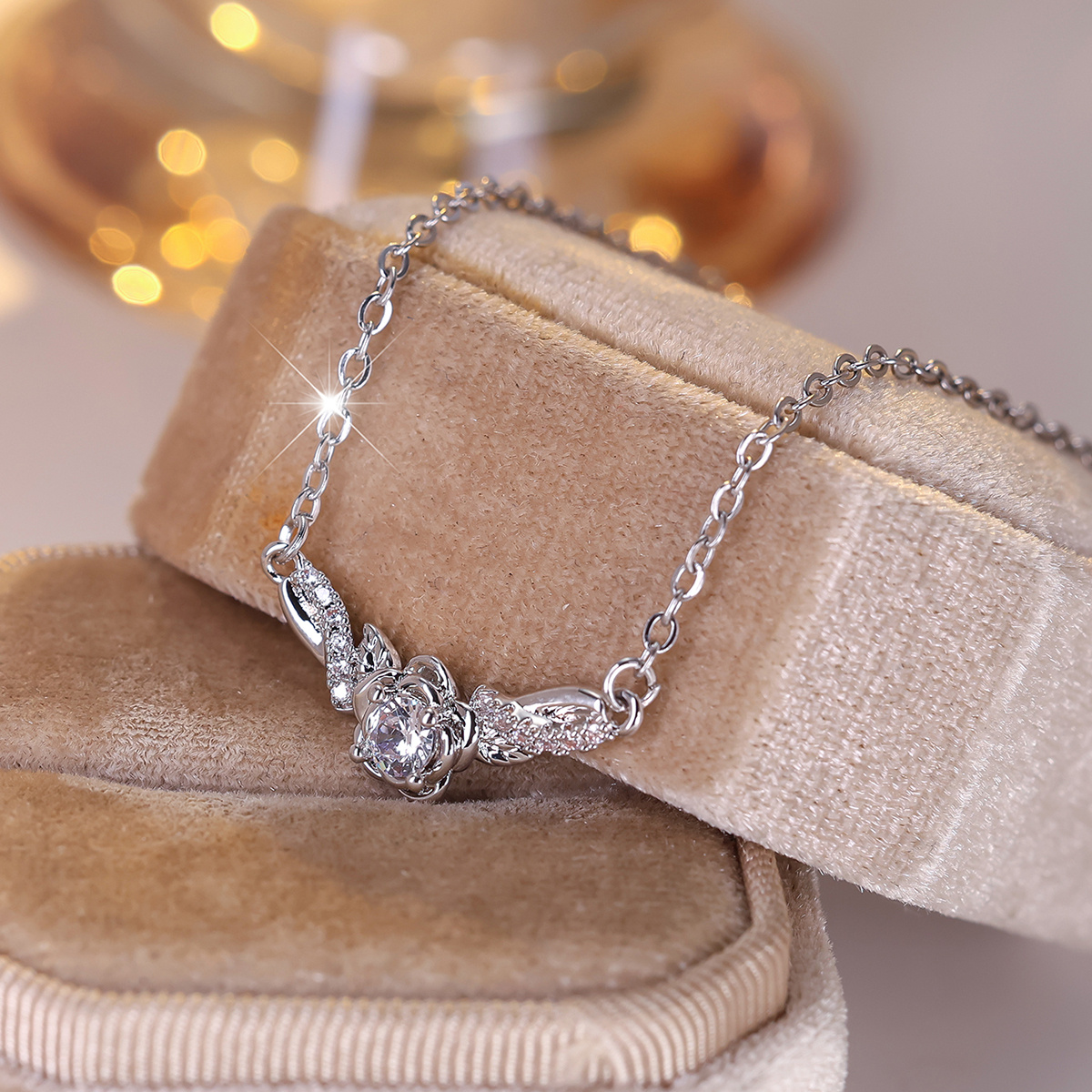 Curved Floral Statement Necklace with Synthetic Zirconia