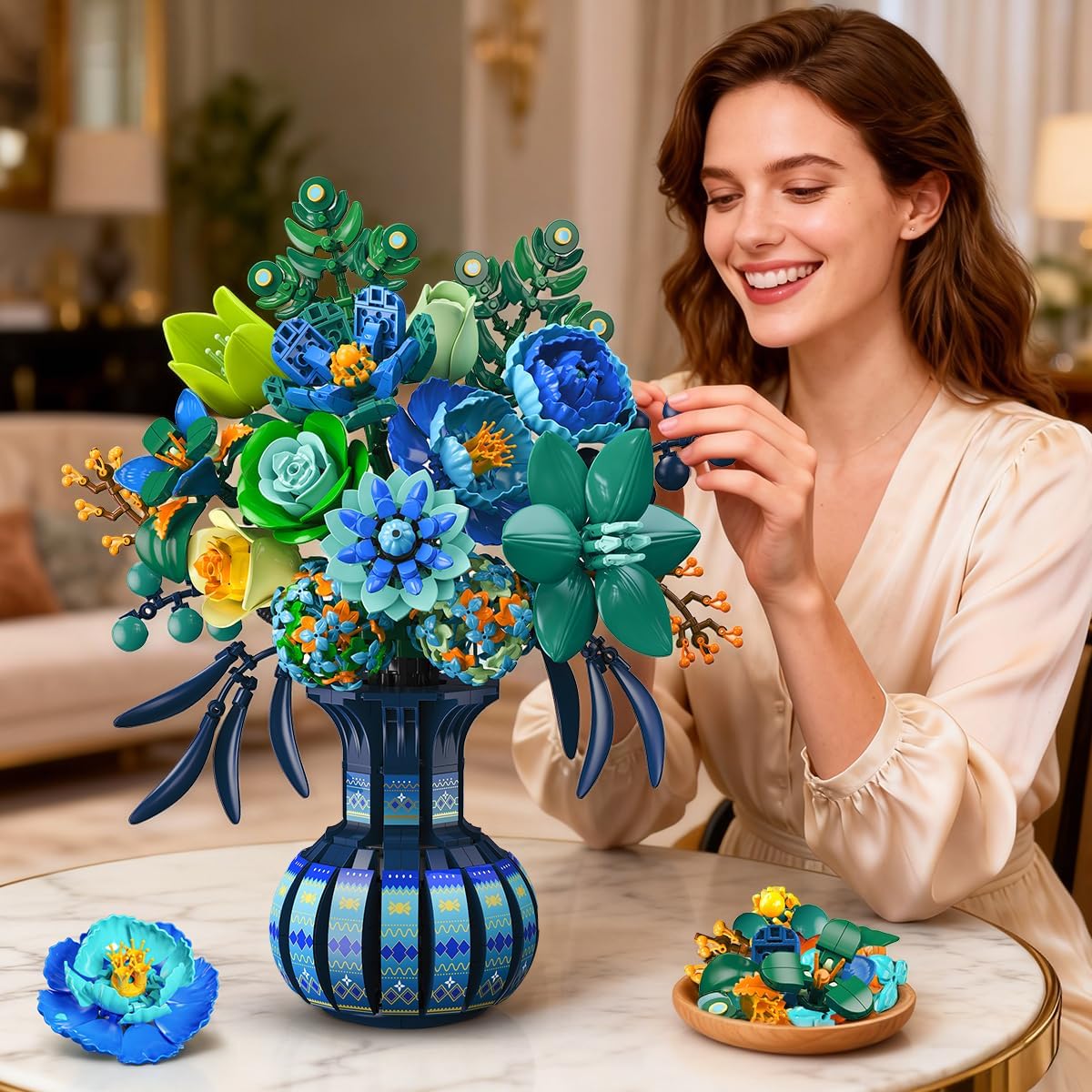 Image of Flowers Building Set With Vase, Mother's Day Flower Bouquet Botanical Collection Building Block Toy, 1309pcs Pearooster Artificial Plant Bonsai Kit Home Decor, Gift For Her Girls