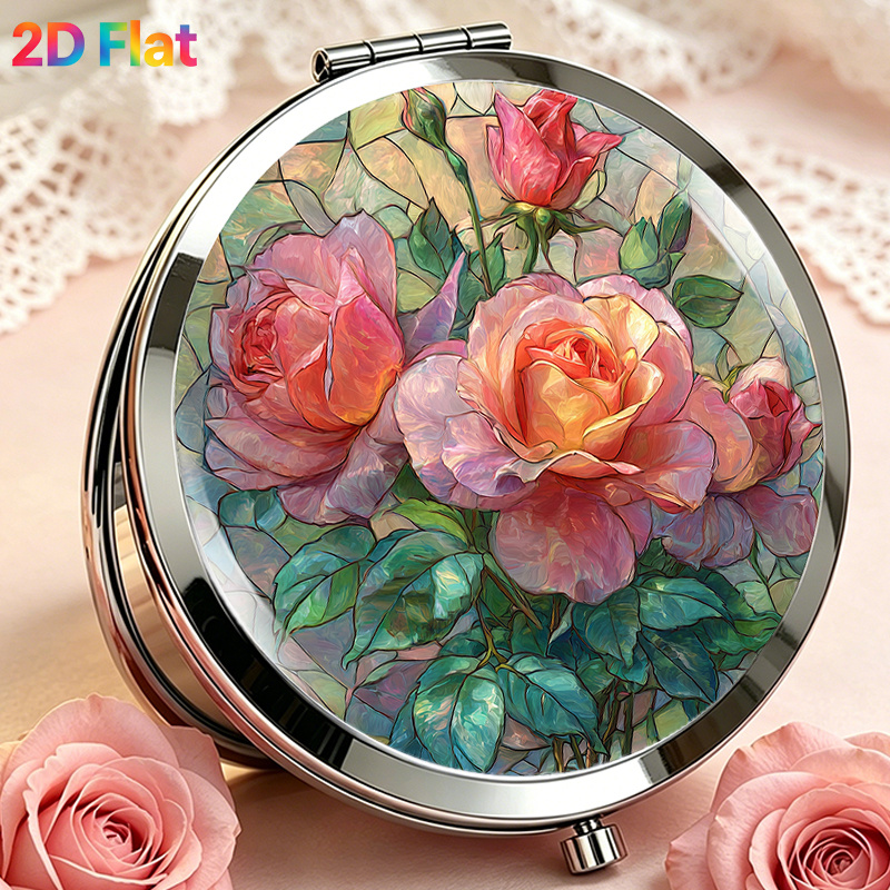 TEMU 1pc 2d Flat Portable Folding Makeup Mirror Featuring A Stunning Stained Glass Artwork Of Roses In Pink Hues For -ups In Cozy Indoor Settings