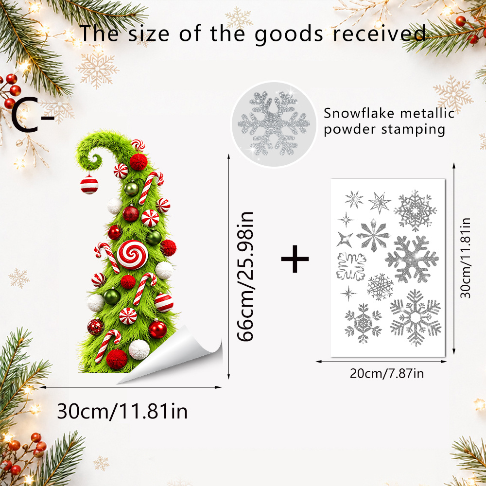 TEMU 2pcs Large Christmas Tree Green Hat Window Sticker Set, Double-sided And Green Color Scheme With Long Pointed Santa Hat Pattern Print - Candy