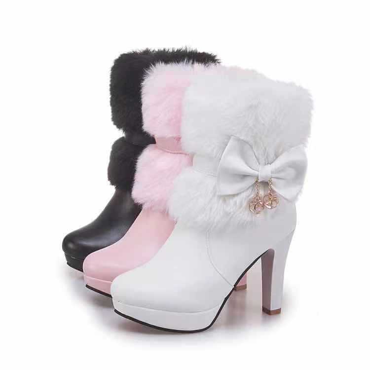 Women'S Winter Warm Fleece-Lined Ankle Boots with Plush Furry Collar & Bowknot - Chunky Heel, Round Toe, Zipper Closure, Lightweight Durable PU Cover, Cushioned Insole & Arch Support - Elegant Cold-Proof Boots for Outdoor Walking, Casual & Formal Ou