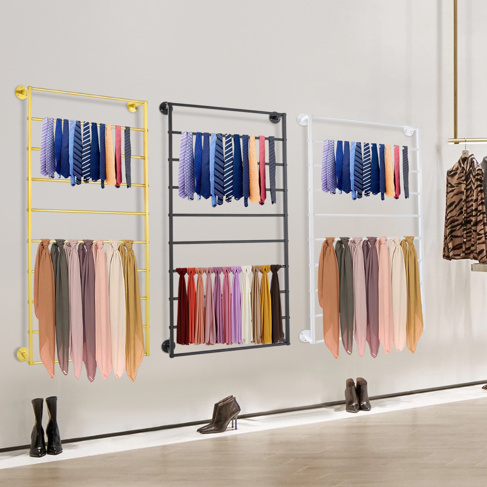 10-Tier Wall-Mounted Scarf Organizer Rack in */Golden – Space-Saving Metal  Display Shelf for Scarves, Ties, Shawls, and Accessories –