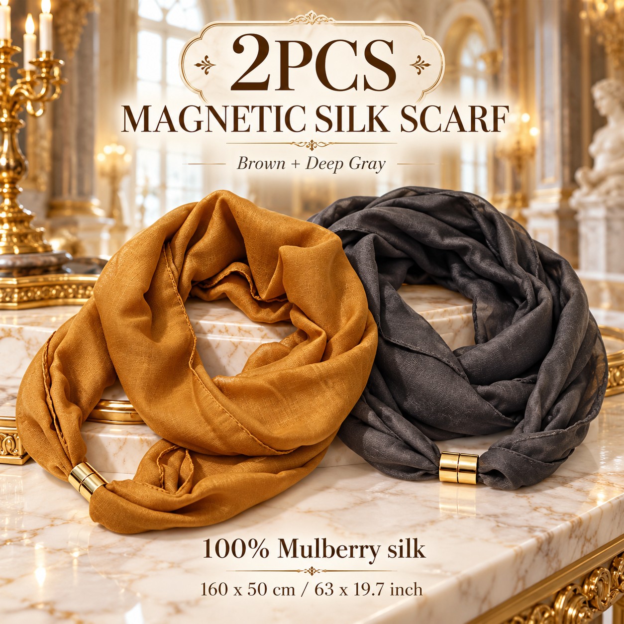 TEMU 2pcs 100% Silk Magnetic Scarf Set, Brown & Deep Gray, 160 X 50 Cm / 63 X 19.7 Inch, Elegant Lightweight Neck Scarf For Women, Versatile Fashion