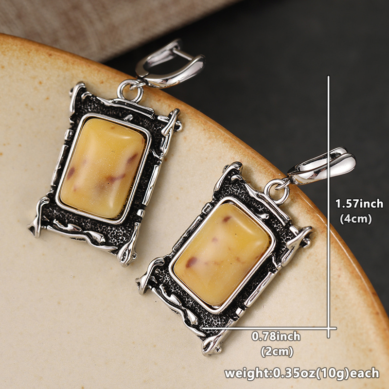 Retro Bohemian Bracket Earrings, Silvery Resin Pendant