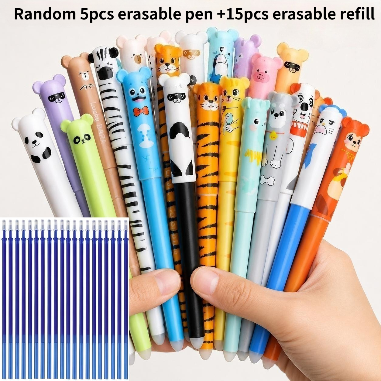 TEMU 20pcs Set Of Animal-shaped Erasable Neutral Pens, [random 5pcs Pens And 15pcs Refills] 0.5mm Fine Tip, Blue Ink, Built-in Eraser, Very Suitable