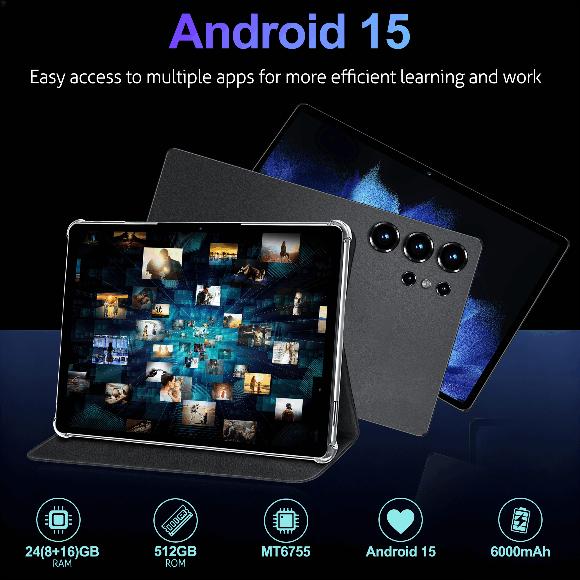 Tabletă Android 15 de 10.1 inch, 24GB RAM 512GB ROM, 5G Dual SIM, Ecran HD IPS, Baterie 6000Mah, Cameră 8MP+16MP, Quad-Core, Wifi 6, Type-C, Tabletă, Pad, Tabletă, Pad