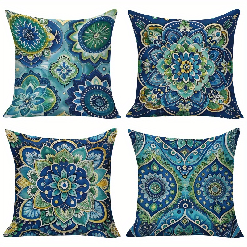 TEMU Set Of 4 Bohemian Style Cushion Covers Featuring Mandala Floral Designs, With Zipper Closure And Single-sided Printing, Suitable For Sofas,