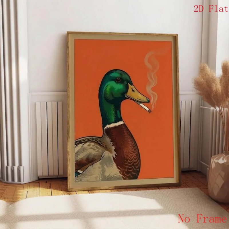 duck smoking cigarette painting Poster - Funny Animal Wall Art Print, Vintage Quirky Home Decor, Surreal Moody Artwork Gray Goose in a Brown