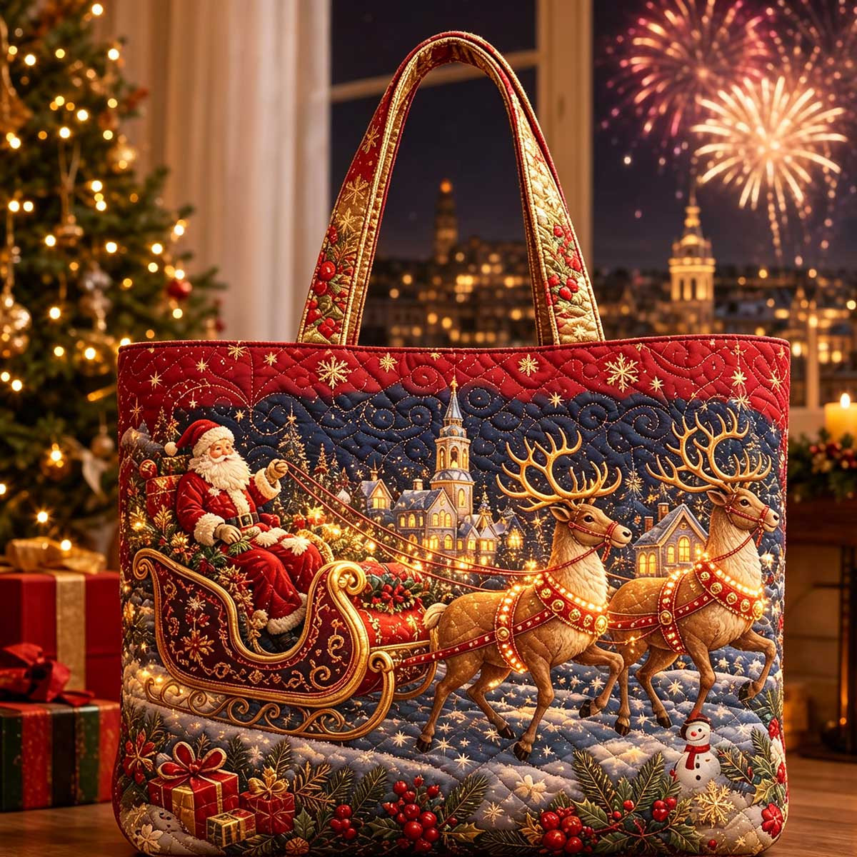 Image of 17*15 Inches Women's Vintage Farm Quilted Tote Bag, Perfect For Holiday Shopping, Large Capacity Quilted Shoulder Bag, Machine Washable Handbag, Christmas Gift And Daily Use