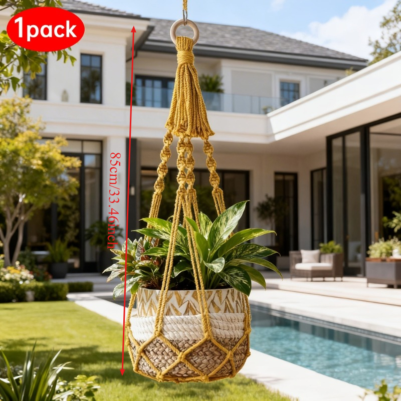 TEMU Bohemian Style Woven Plant Hanging Basket - Lightweight And Durable Indoor Hanging Flower Pot With Multiple Colors And Tassel Details, Small