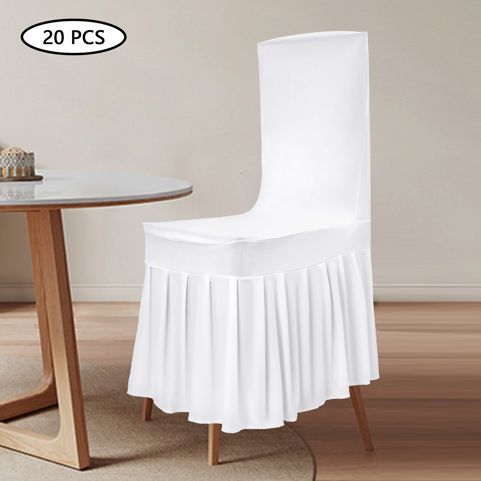 Image of Oukaning 20-pack White Pleated Skirt Chair Covers, Elastic Dining Table Wedding Reception Seat Slipcovers, Thick For Home Office Decor