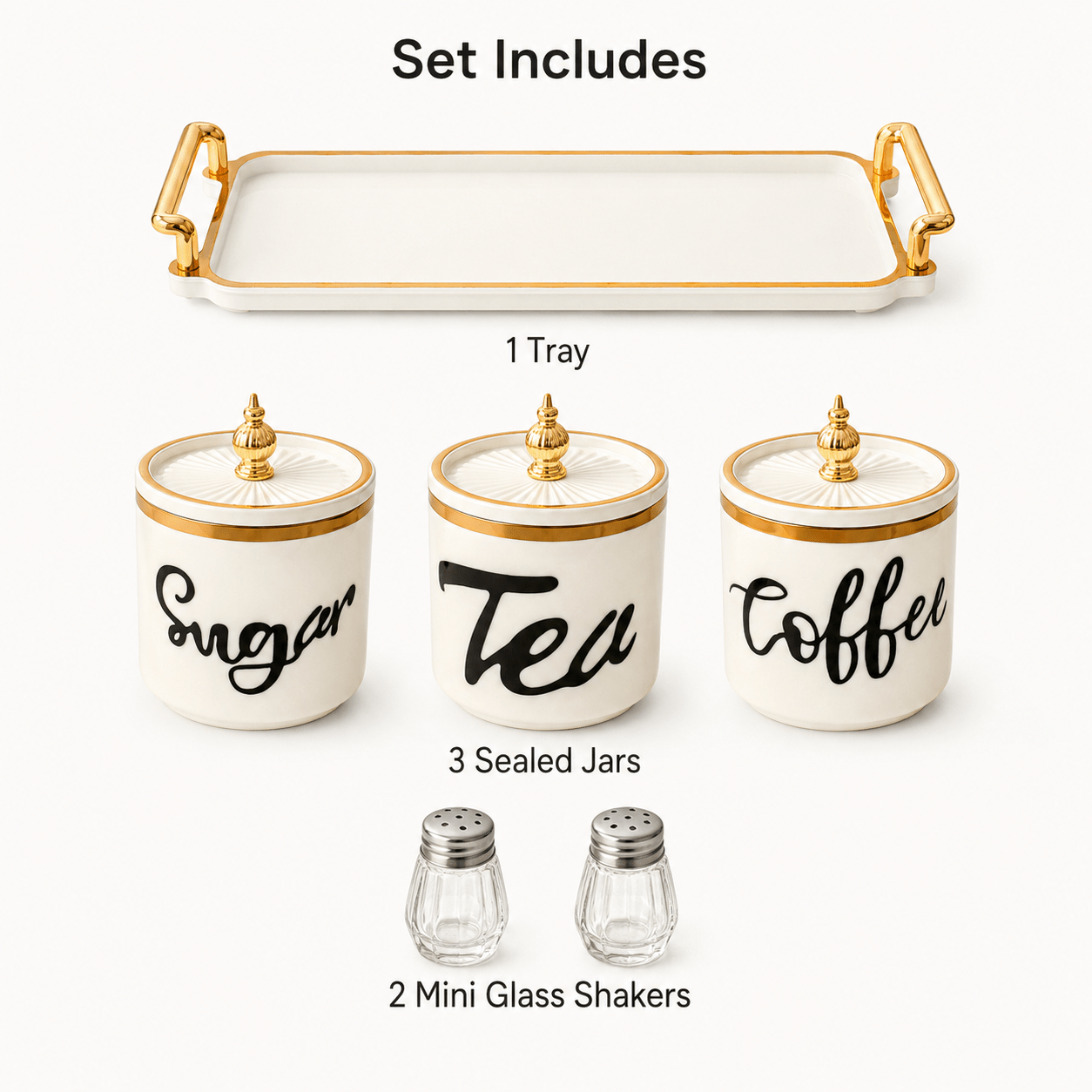 TEMU 6pcs Coffee Tea Sugar Storage Set, 3 Sealed Jars With Tray And 2 Powder Shaker Bottles, Kitchen Countertop Organizer For Home And Outdoor Use