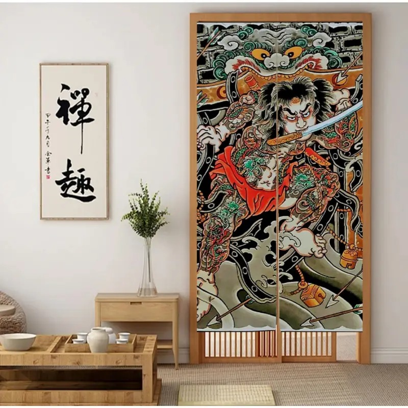 TEMU 【商品名】日本のドアカーテン 伝統的な侍デザイン | 半透明ポリエステル窓パネル 赤、緑、金、黒、白、茶色 | フックで簡単設置、ドライクリーニングのみ、日本テーマの空間、様々な部屋タイプに最適