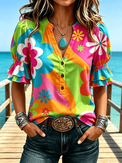 womens color block geometric floral print v neck henley blouse puff double ruffle short sleeve casual boho tops