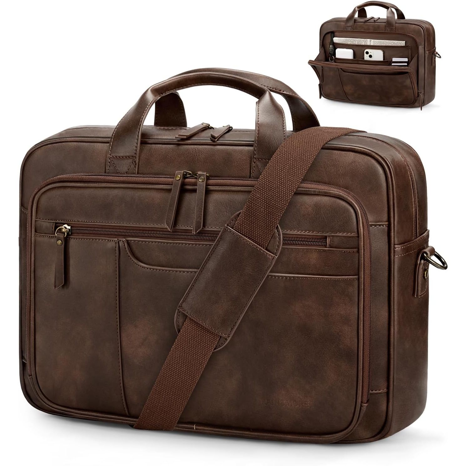 Image of Rainsmore Briefcase Men's Vintage Pu Leather 16 Inch Laptop Bag, Brown, Utility Work Bag, Pu Leather Bag, Messenger Bag, Efficient Organisation, Versatile For Office, University