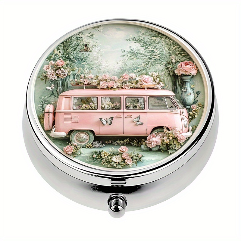 1pc Pill Box With 3 Compartments Van Floral Theme, Mini Pill Container, Pill Organizer, Decorative Vitamin Organizer For Pocket Or Purse