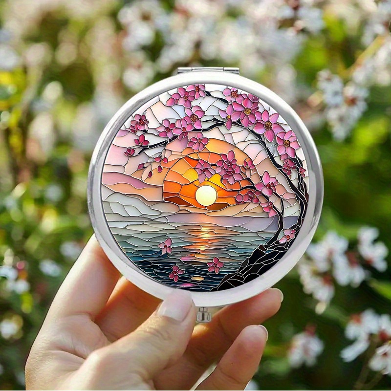 TEMU 1pc 2d Flat 2d Flat Portable Makeup Mirror Handheld Folding Round Mirror With Stained Glass Cherry Sunset Design For Compact Pocket Mirror