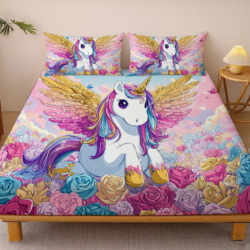 TEMU Drap-housse 1 pièce à motif licorne et de roses onirique et , drap-housse à poche profonde simple, drap de lit enveloppant sur tous les côtés,