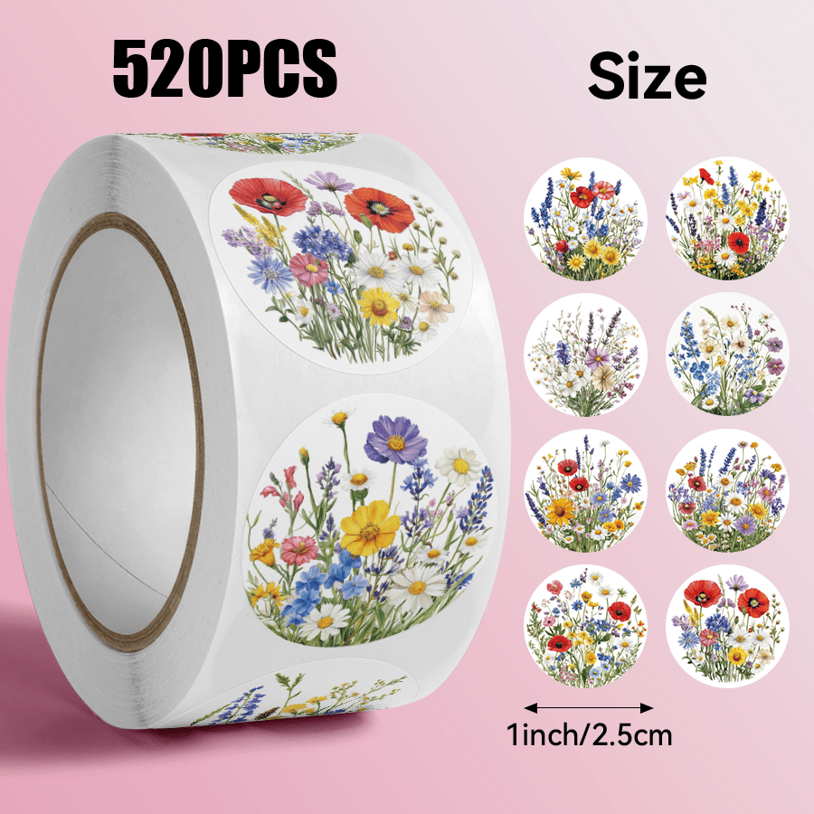 E-shop 520-teilige Rolle Wildblumen-Aufkleber, geeignet für Geschenke, unregelmäßige Form mit mehrfarbigen Wildblumenmustern & geeignet für