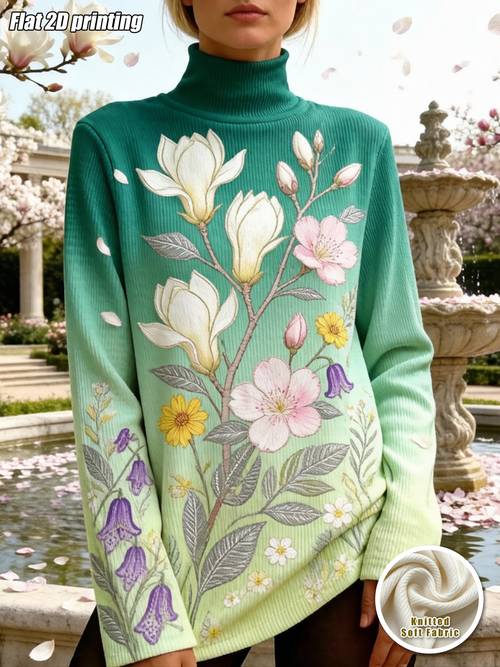 plus size womens turtleneck long sleeve sweater boho casual magnolia mixed flower print relaxed fit turtleneck vacation printed design
