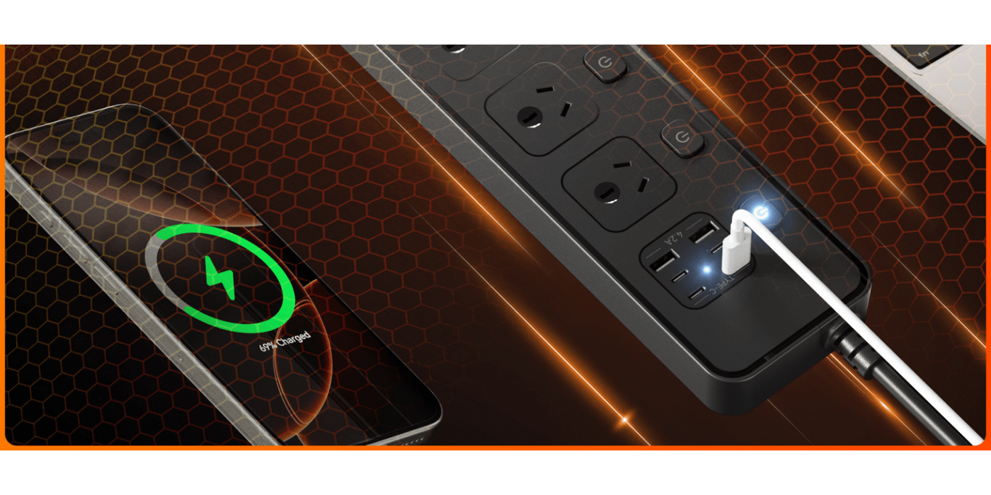 HEYMYTH Power Board Individual Switch - 3250W Power Strip with 5 AC Outlets, 2 USB A and 4 USB C, Powerboard 1.8m Extension Cord for Home and Office, Overload Protection (Black)