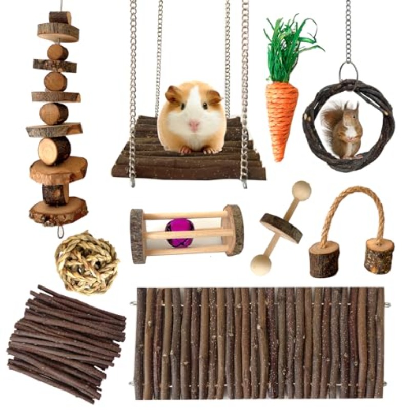 10pcs Rabbit Toys Guinea Pig Toys And Additions for Cage Food Hay Apple Sticks Treats And Chews Rattan Ball Swing Wheel Ramp Hideout Wood Bed Supplies Play Set