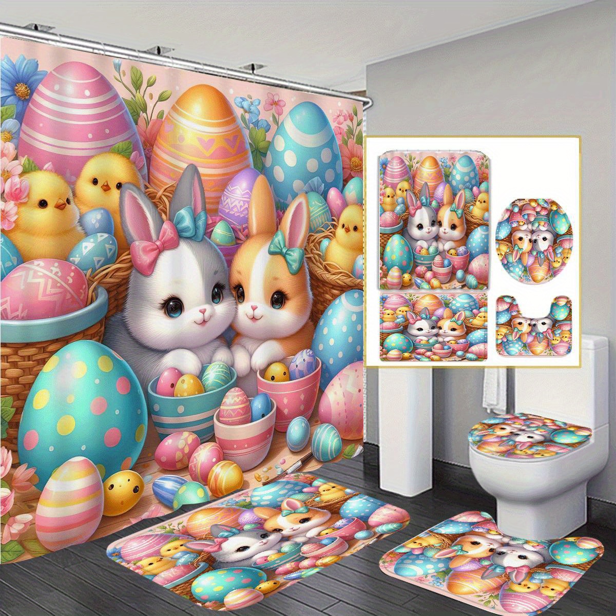 

Winter Decoration 1/ 4pcs Shower Curtain Set With 12 Hooks, Waterproof Shower Curtain, Non-slip Bath Mat, Toilet Seat Cover And U-shaped Rug, Machine Washable Bathroom Cartoon Decoration Set
