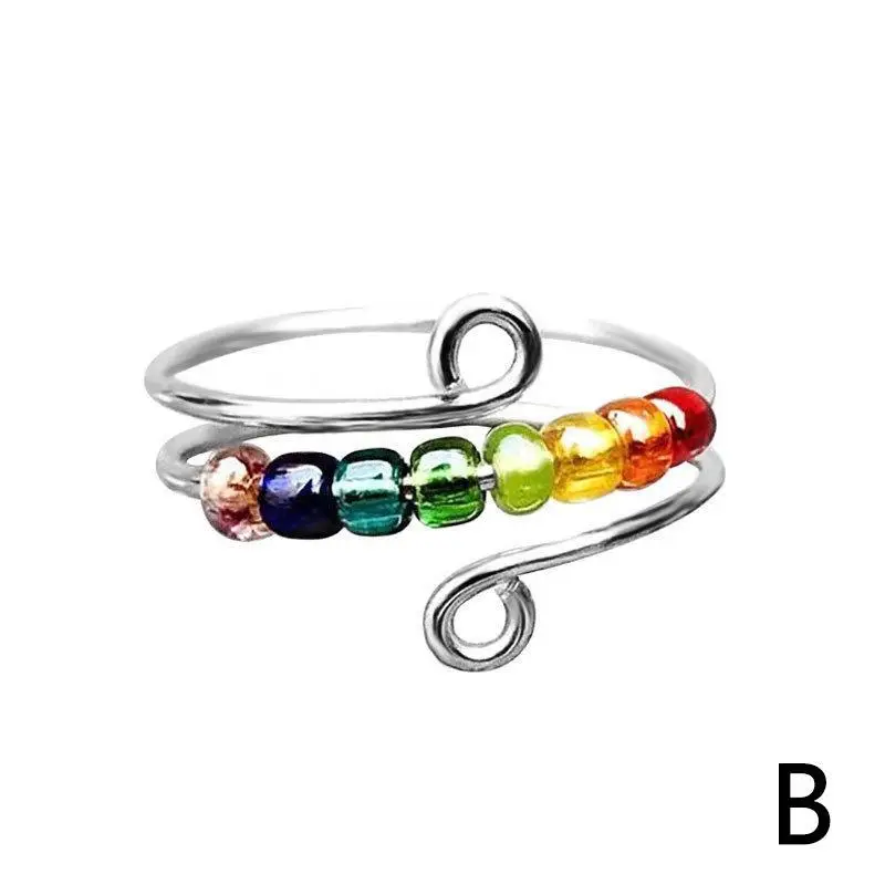 elegant boho stainless steel anxiety rings for women anti stress fidget spinner rings with rainbow beads rotates adjustable stacking jewelry for daily gift occasions christmas bohemian style best for christmas Product details 6