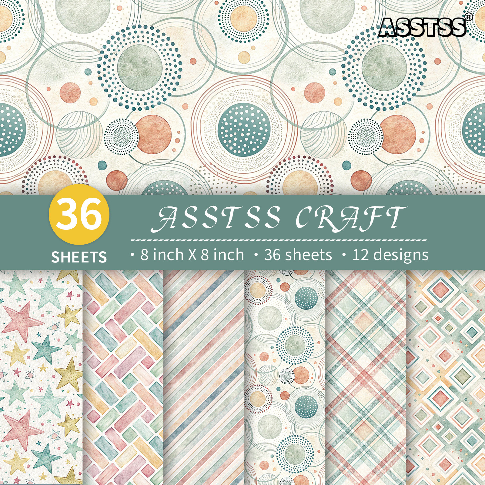 TEMU Bloc de papier scrapbooking ASSTSS de 36 feuilles 8*8 pouces | Papier de base rétro couleur douce, géométrique, et , papier cartonné épais pour