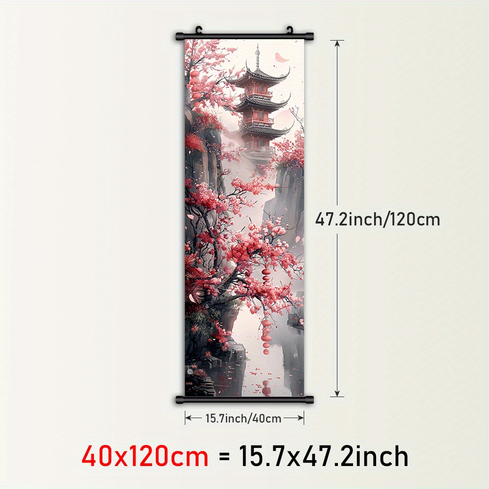 E-shop Gerahmter Asiatischer Kunstdruck, Kirschblüten & Leinwand Wandbehang mit Kunststoffrahmen, Ruhevolle Nebel-Landschaft Poster für