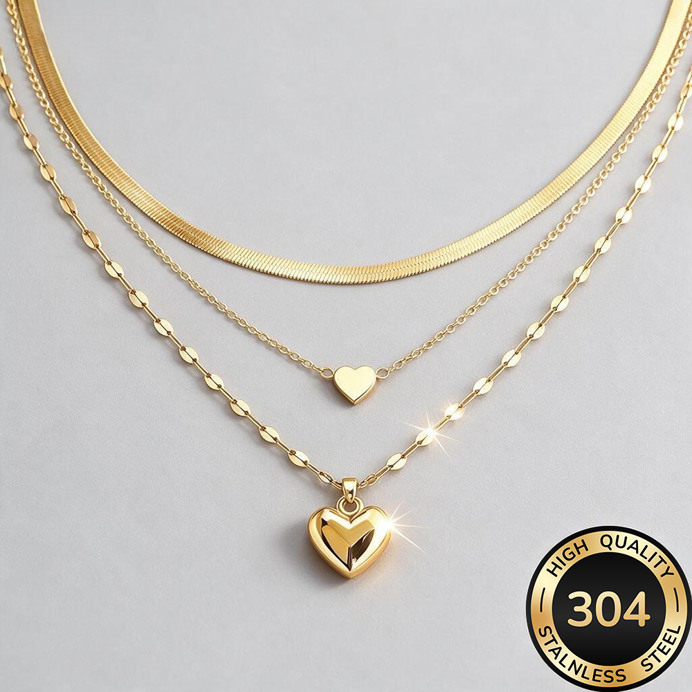 3-delige kettingenset, hoogwaardige 304 roestvrijstalen hypoallergene gouden ketting, gepolijst, KC, aanslagwerend, eenvoudig en elegant, modieuze damesketting geschikt voor dagelijks gebruik of feesten, sieraadaccessoire, een delicaat cadeau voor vrouwen