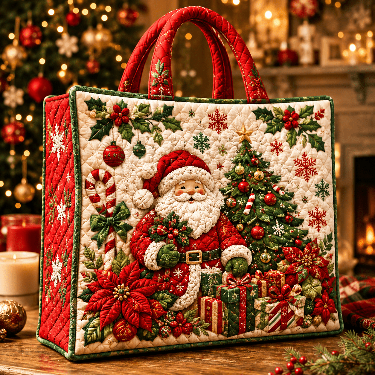 TEMU 1pc Santa Claus Christmas Tree Gift Floral Print Wide Quilted Tote Bag, Large Capacity Lightweight Shoulder Handbag For Women, Shopping Travel