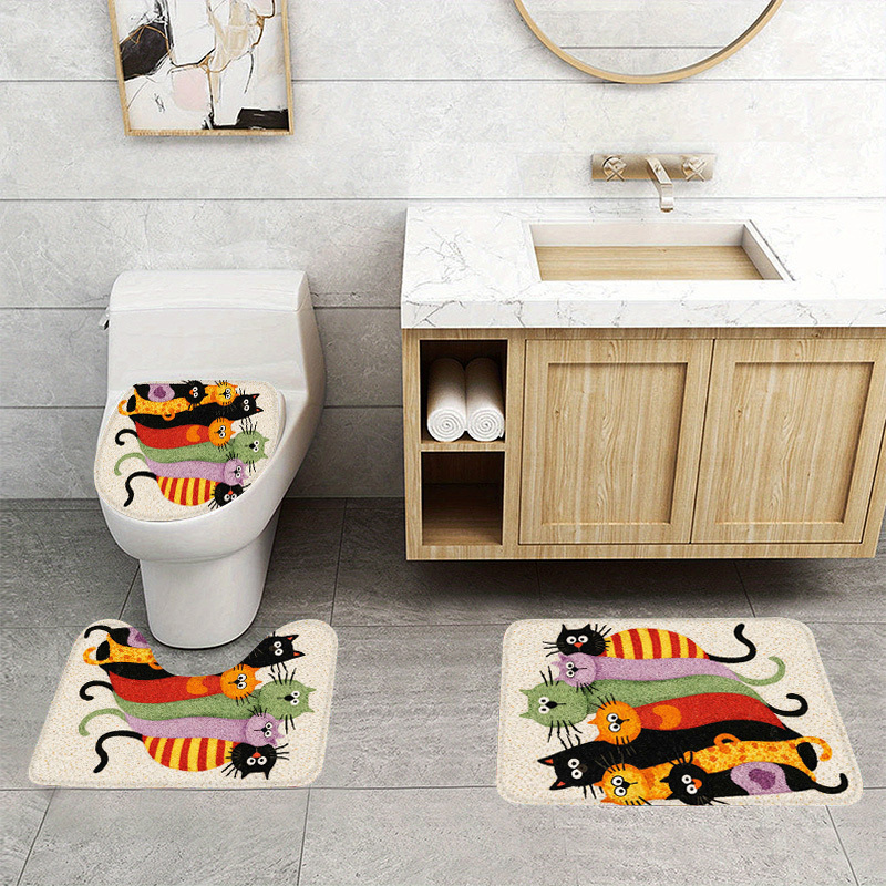 TEMU 3pcs Colorful Cartoon Cats Flannel Non-slip Toilet Seat Cover Set, Absorbent Washable Decorative Bathroom Rug