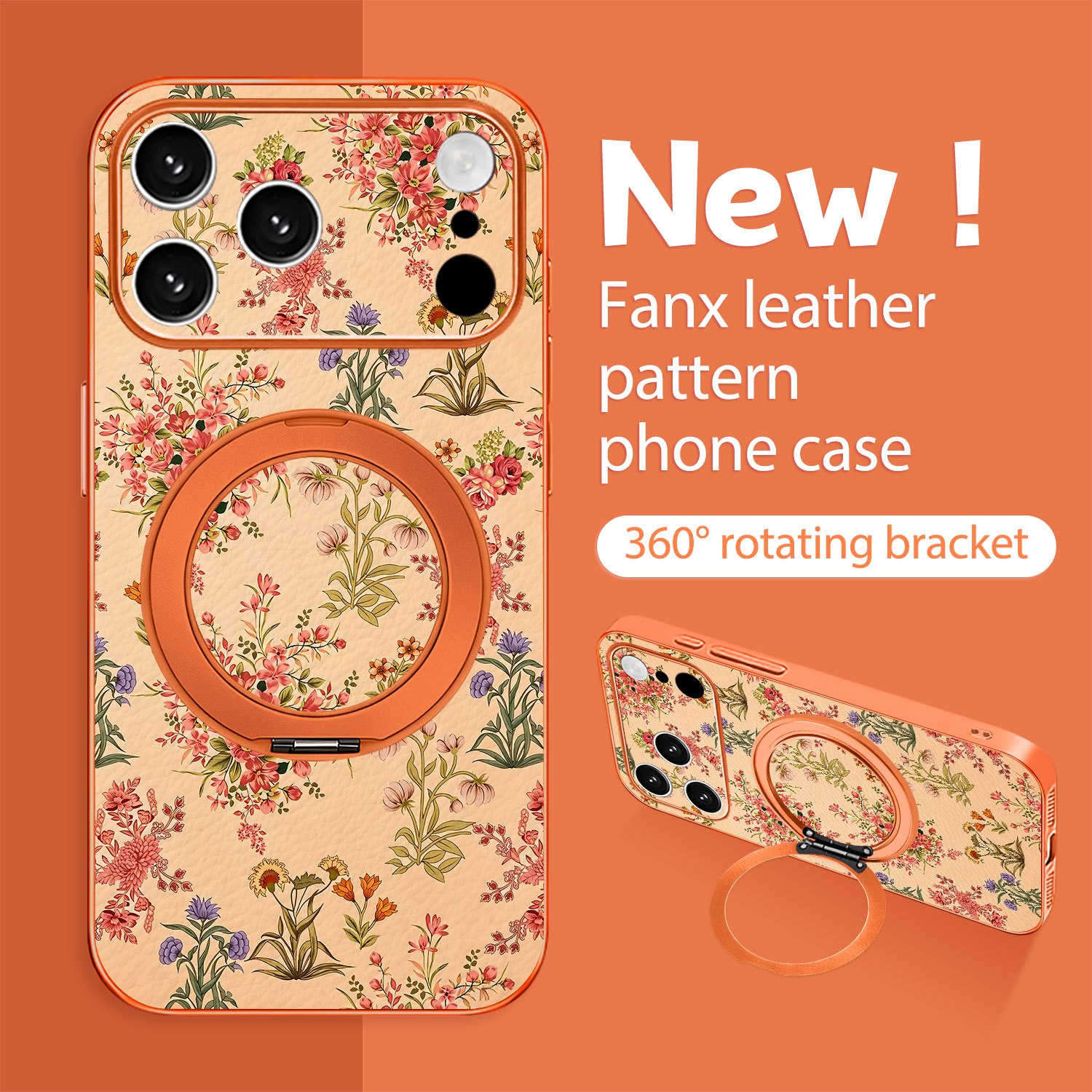 TEMU Coque de téléphone - Nouvelle coque de téléphone en faux cuir métallique avec anneau de support rotatif à 360°, motif floral rétro pour iPhone
