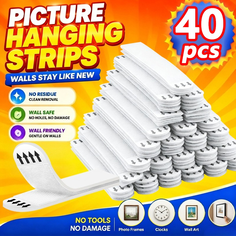 TEMU 40pcs Large Picture Hanging Strips Suitable For Picture Frames - No-drill Removable Adhesive Wall Hooks, Damage-free Tape For Heavy Frames,