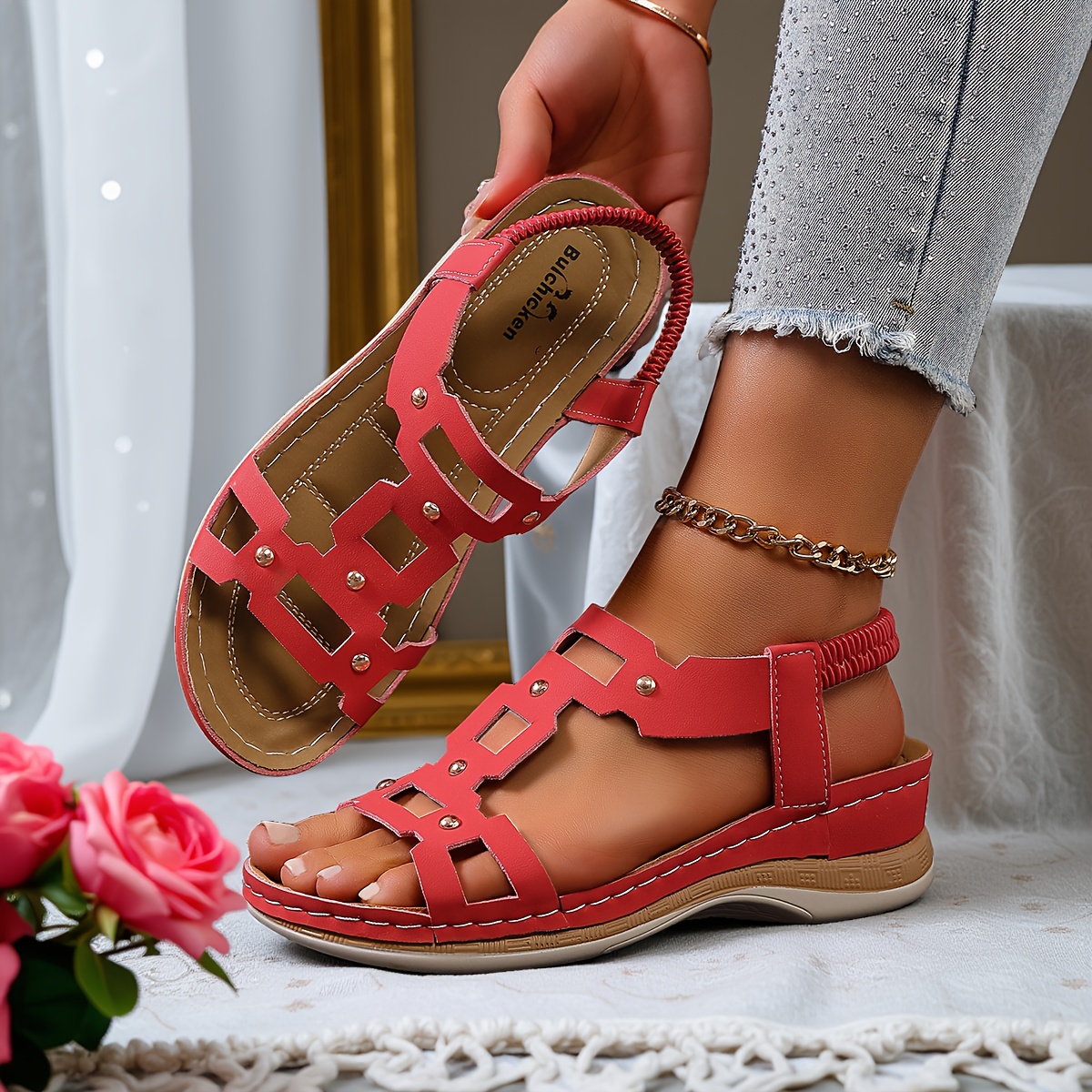 buchicken new summer elegant and fashionable womens wedge sandals breathable and versatile summer sandals for women suitable for daily life dates shopping   vacations travel camping and other occasions comfortable and casual beach Product details 3