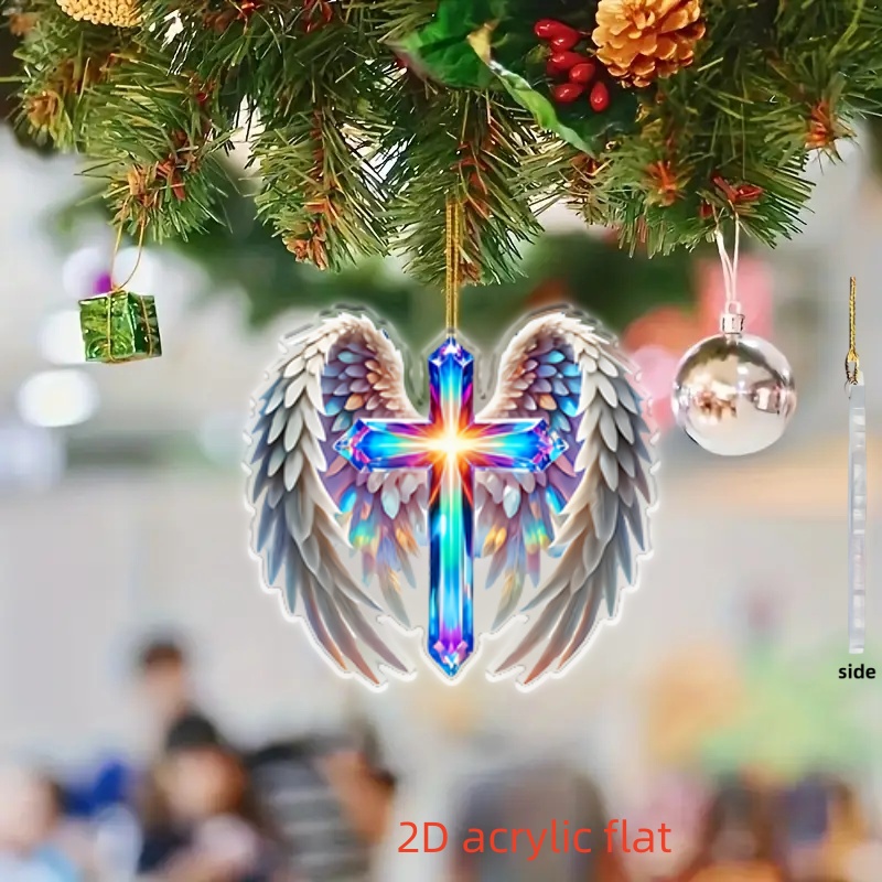 2d Flat Wings And Ornament - Blue-purple Gradient Religious Car Decoration With Chain Connectors, Flat Acrylic Keychain Charm, Suitable For Christians, Decoration - Perfect Christmas, Easter