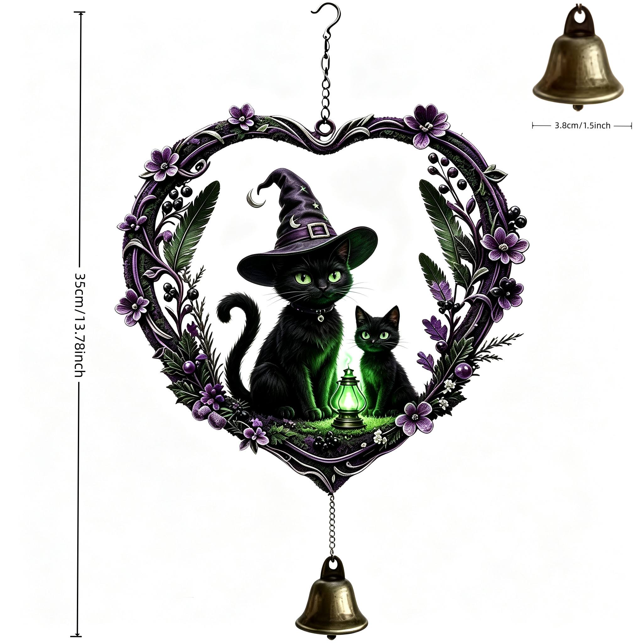 TEMU [ruohe Decor] Heart-shaped Flower Witch Black Cat Single Wind Chime Pendant, Suitable For Indoor Windowsills, , And Outdoor Gardens, For