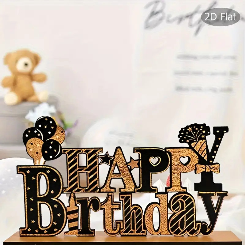 Image of 2d Flat, 1pc 2d Flat Happy Birthday Wooden Desktop Ornament - Black And Golden Letter , Suitable For Indoor And Outdoor Party Decoration, 2d Flat,for Christmas, Halloween