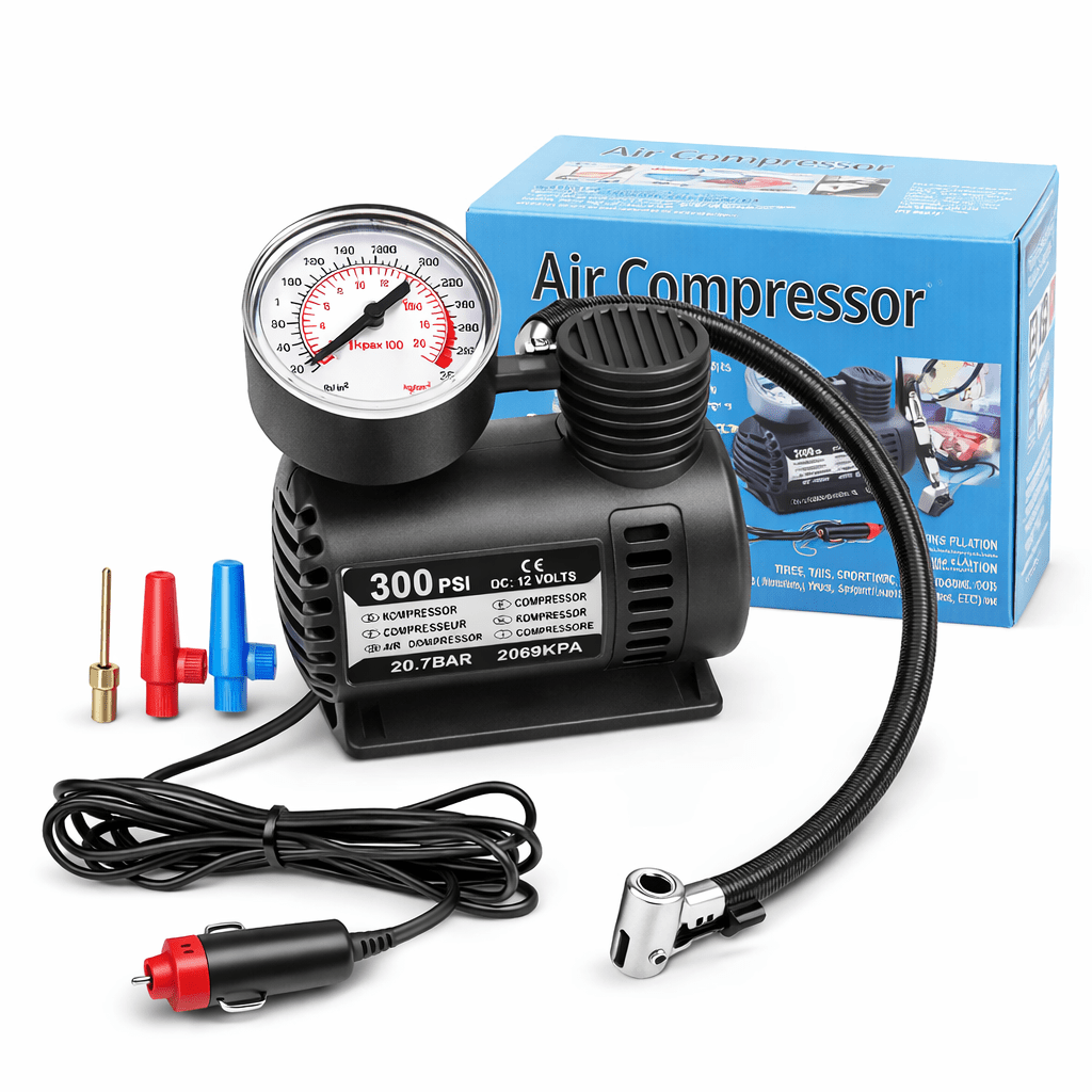 TEMU 12v Portable Air Compressor Tire Inflator, 300 Psi Mini With Gauge For Car, Motorcycle, Bike, Ball- Universal Emergency Car Accessories