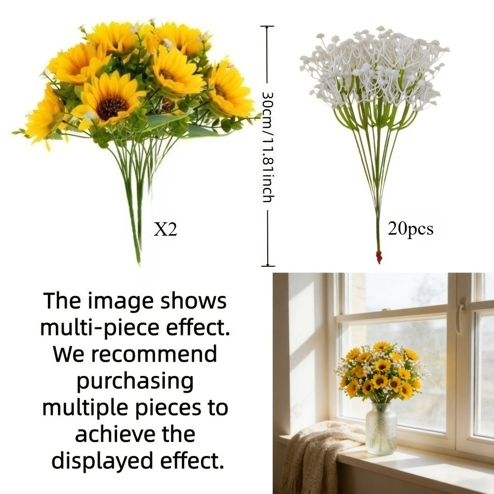 TEMU 22pcs Artificial Sunflower And Starry Embrace Mixed Bouquet - Sunflower Bouquet With White Baby's Breath Stems For Home Decor, Diy Decoration,