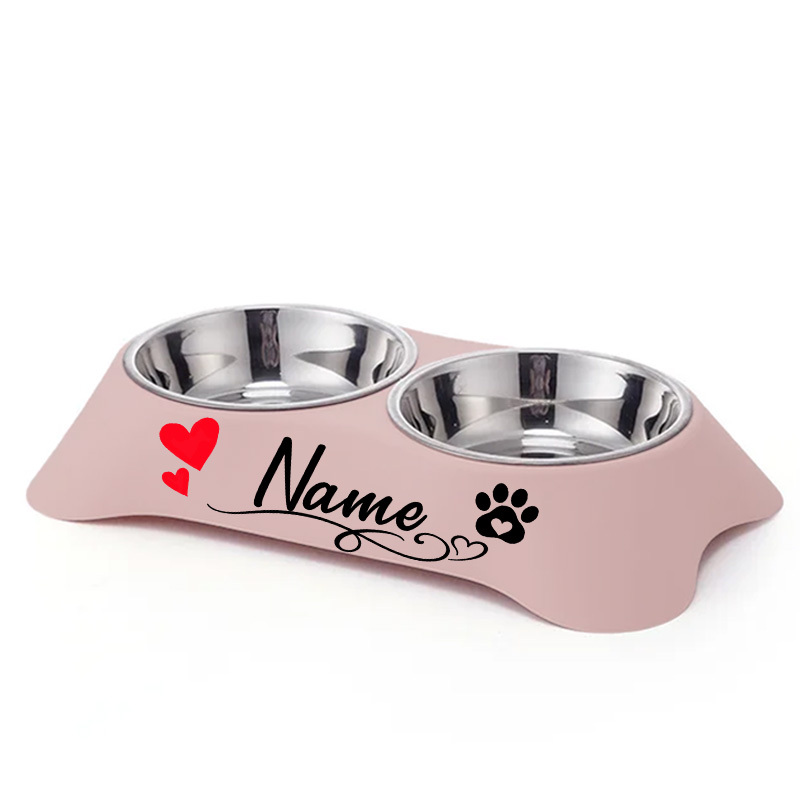 TEMU Custom Heart Paw Print Design Pet Dual Food Bowls, Light Luxury High-value Pet Feeding Utensils, Stable Spill-proof Design, Exquisite Daily