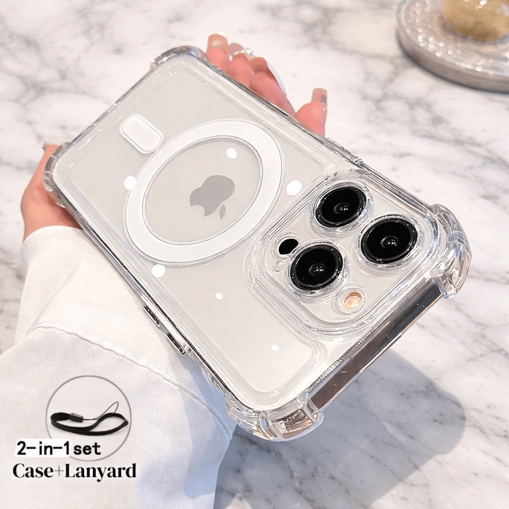 TEMU Phone Case - 2pcs (1pc Phone Case And 1pc Lanyard) Transparent Air Cushion Anti-drop Magnetic Phone Case Suitable For Iphone Air 17 16 15 14 13