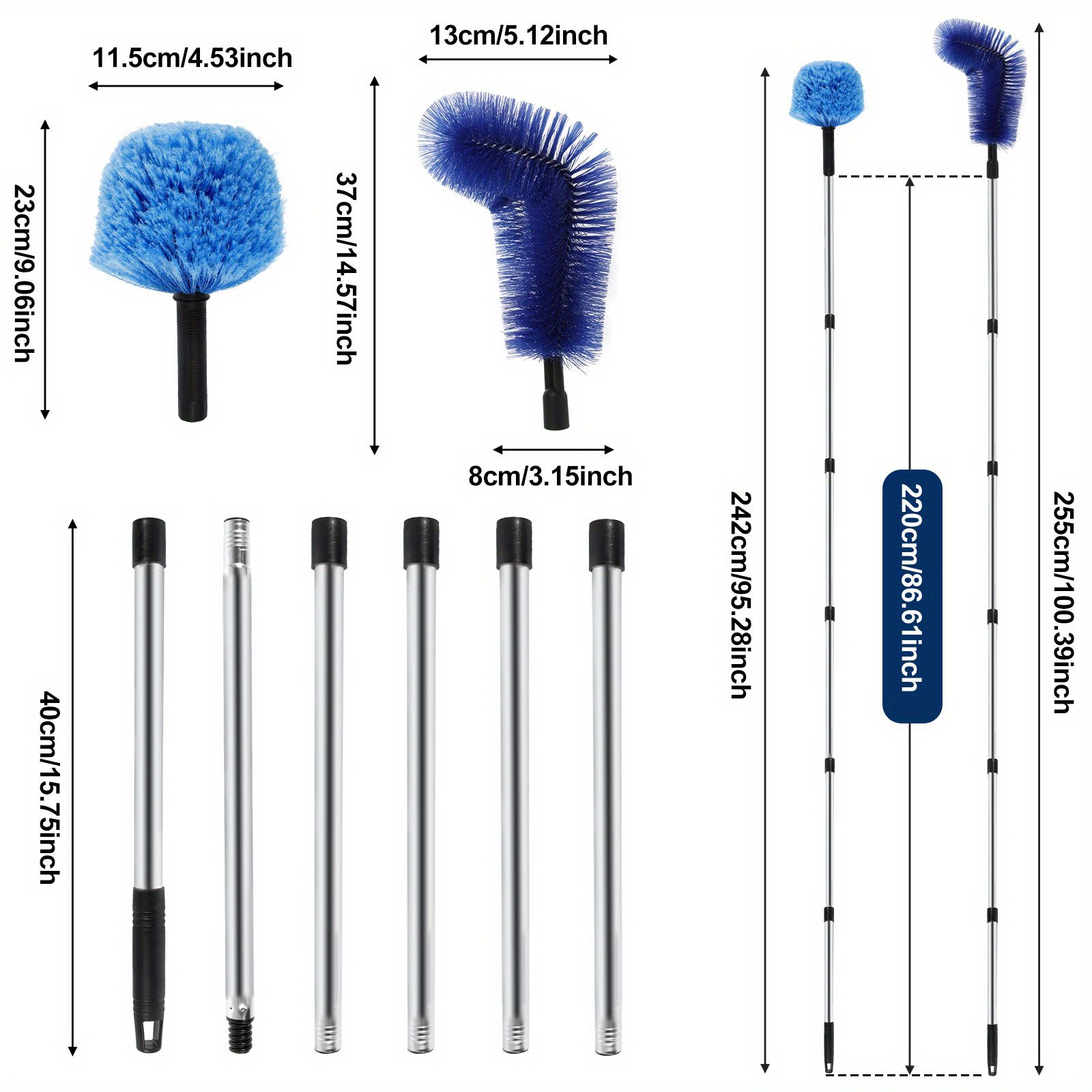 1 set blue cobweb duster with extendable stainless steel pole reusable spider web brush medium firmness no electricity needed multi component home cleaning tool for ceiling fan furniture details 6