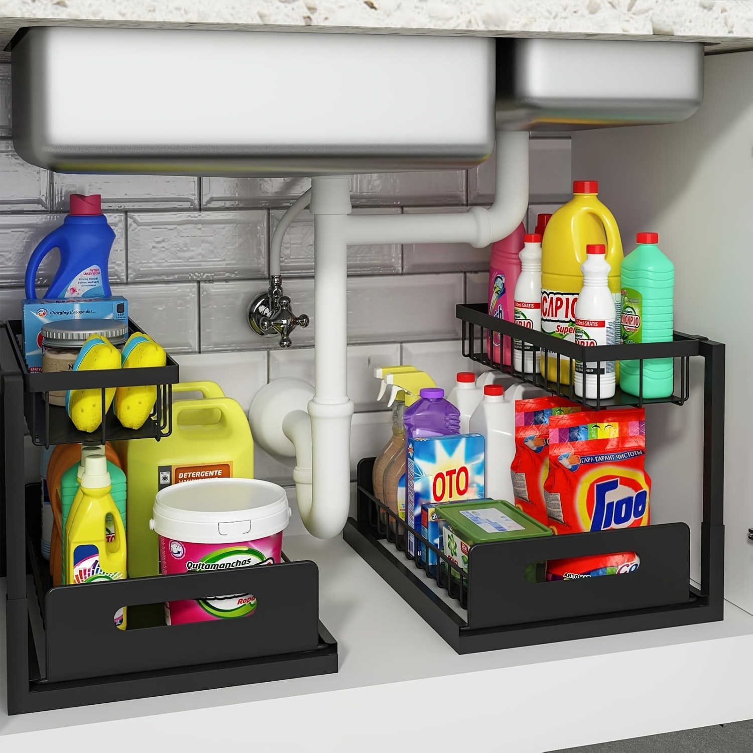 2 tier heavy duty under sink organizer with slide out shelves drawers space saving storage rack suitable for kitchen bathroom pantry closet cabinets   frame maximizes cabinet organization under sink storage system